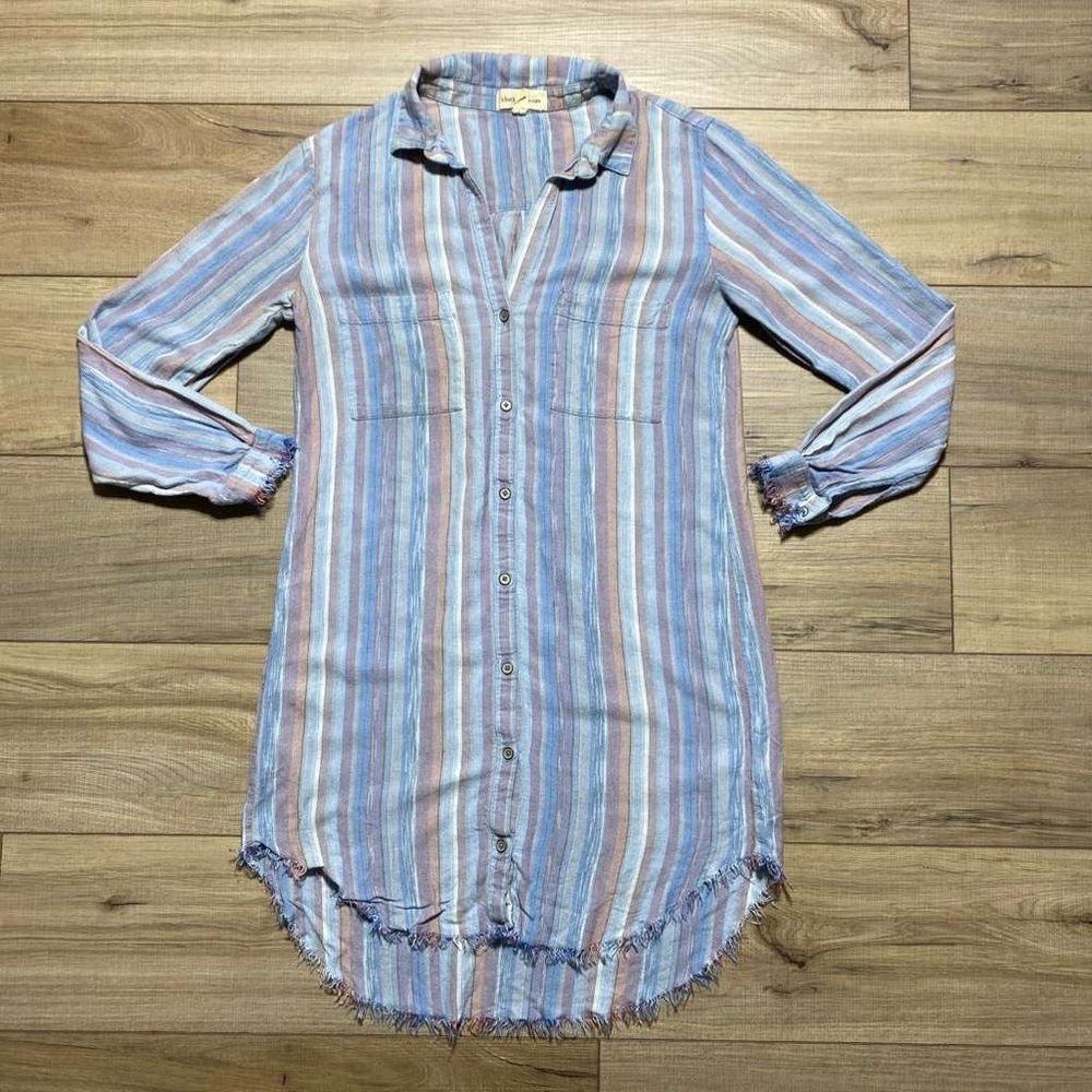 Cloth & Stone Womens Linen Blend Button Front Raw Hem‎ Striped Shirt Dress XS